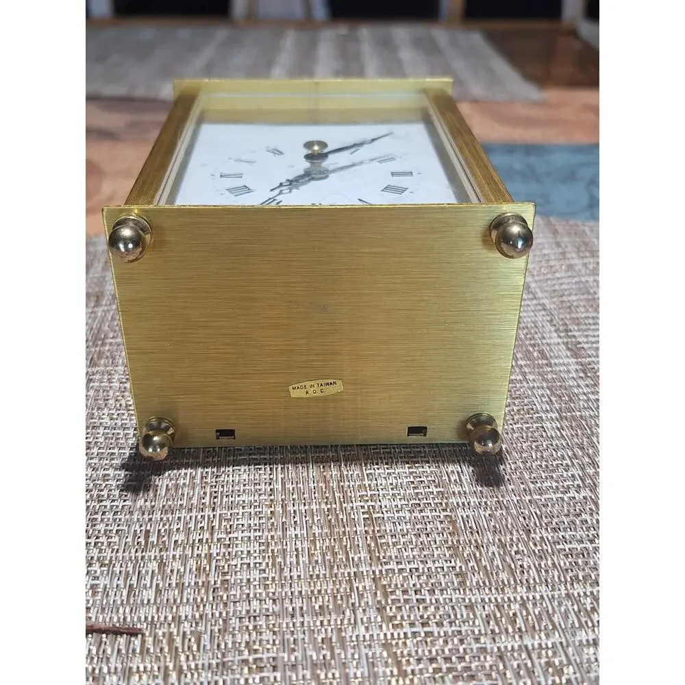 Timemaster Quartz Brass Tone Carriage Mantel Desk Shelf Clock Roman Numeral